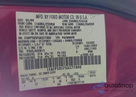 1999 Ford Taurus Se Comfort из США, поврежденный, VIN 1FAFP58S7XA277800